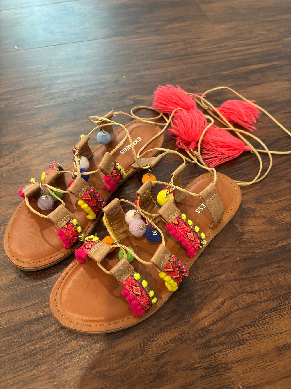 Express Tan Sandals with Pink Tassels and Multicolor Pom-Poms